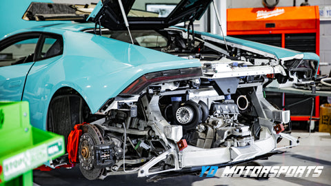 Lamborghini Huracan with front end disassembled for a twin-turbo build at YD Motorsports